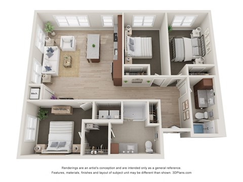 Floor plan for 3 beds, 2 baths, 1183 sqft